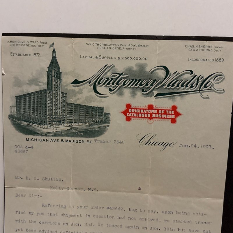 1901 Montgomery Ward & Co Letter Regarding Missing Shipment