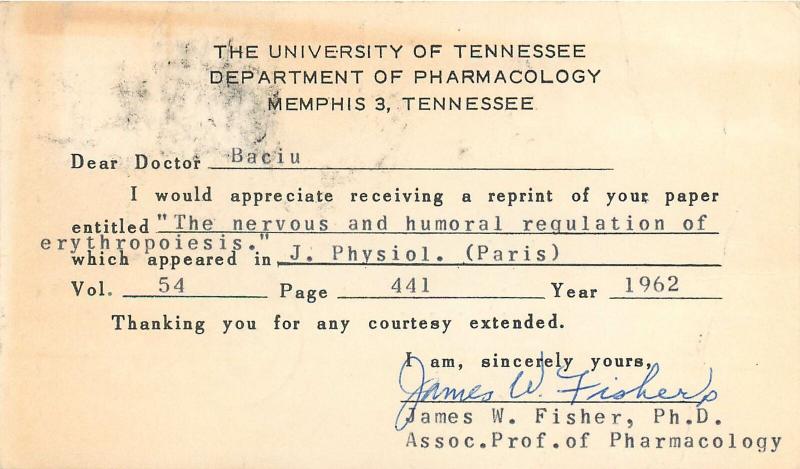 University Tennessee Department Pharmacology Memphis correspondence air mail