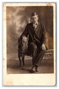 RPPC Studio View Dapper Young Man In Suit Smoking Pipe UNP Postcard H18