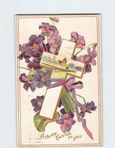 Postcard A Happy Easter To You with Flowers Cross Embossed Art Print