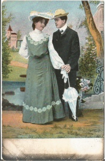 Proper Lady with Gentleman Beautiful Green Edwardian Dress with Parasol Postcard