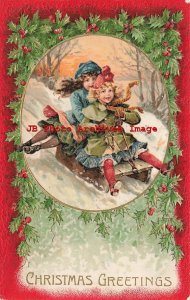 4 Postcards, Christmas, Winsch, Holly, Girls Sleigh Riding, Doll, Cat