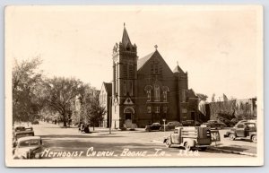 Boone Iowa~Methodist Church~Wood Slat Bed Truck~Nth Motor Oil Conoco Sign~RPPC