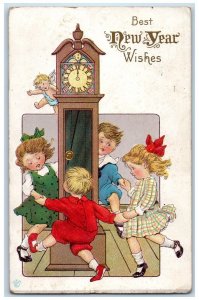 1921 New Year Wishes Children Playing Angel Behind Clock Embossed Postcard 
