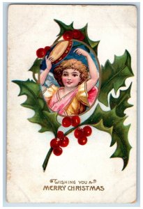 c1910's Christmas Girl Tambourine Holly Berries Embossed Posted Antique Postcard 