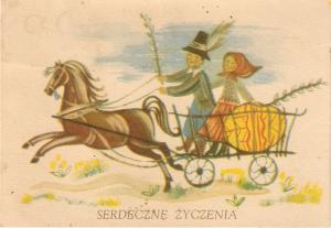 Horse pulling cart with couple.Serdeczne Zyczenia Curious antique postcard