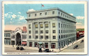 1928 Augusta Georgia Postcard Masonic Building Classic Cars Exterior View Posted