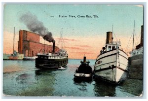 1911 Harbor View Boat Dock Smokestacks Buildings Green Bay Wisconsin WI Postcard