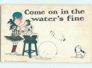 Pre-1907 comic GIRL GIVES DOG A BATH IN WASHTUB HL6659