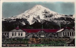 Postcard RPPC Mt Egmont + North Egmont Hostel New Zealand