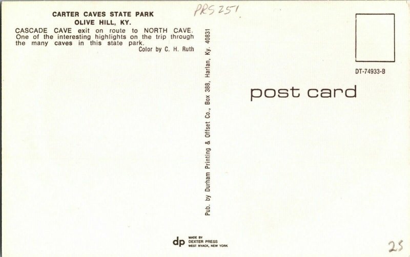 Carter Caves State Park Olive Hill Kentucky KY Cascade Cave CH Ruth Postcard Vtg 