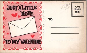 Valentine Greetings Just a Little Note Hearts Made in USA Postcard W19