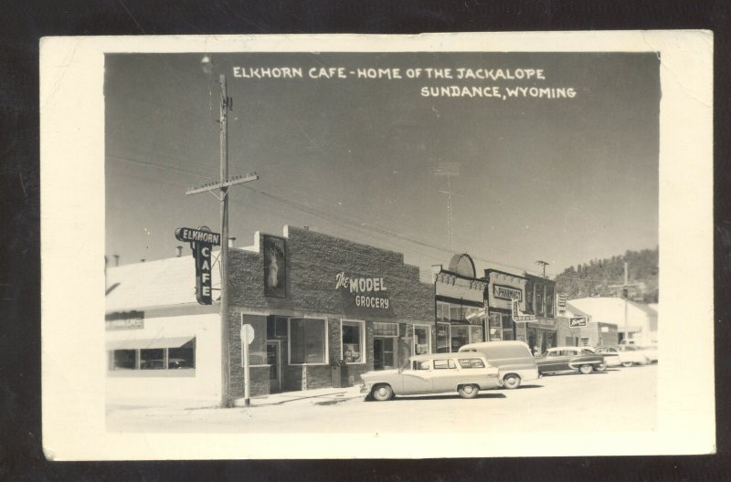 RPPC SUNDANCE WYOMING DOWNTOWN ELKHORN CAFÉ OLD CARS REAL PHOTO POSTCARD 