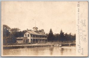 Liberty Center Ohio 1907 RPPC Real Photo Postcard Riverside Park Pavilion Boater