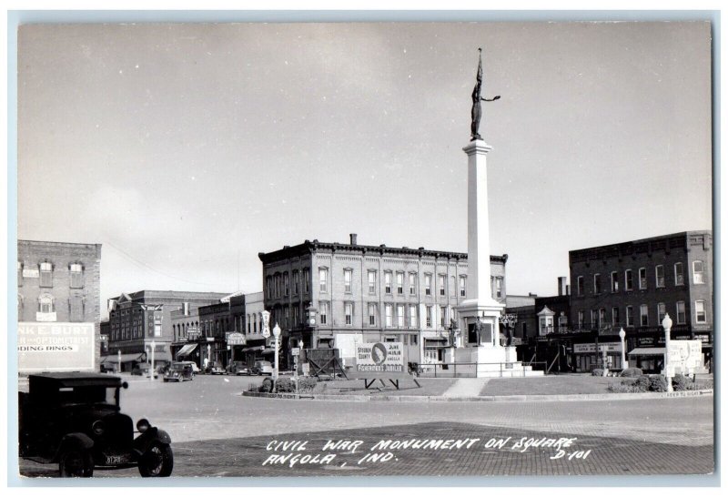 c1940's Civil War Monument On Square Businesses Angola IN RPPC Photo Postcard 