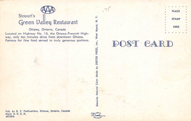 Ottawa, Ontario, Canada, Green Valley Restaurant, Vintage Postcard, AA356-26