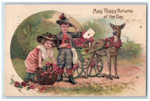 Happy Returns Of The Day Deer Fawn Pulling Wagon Flowers Wilmington DE Postcard