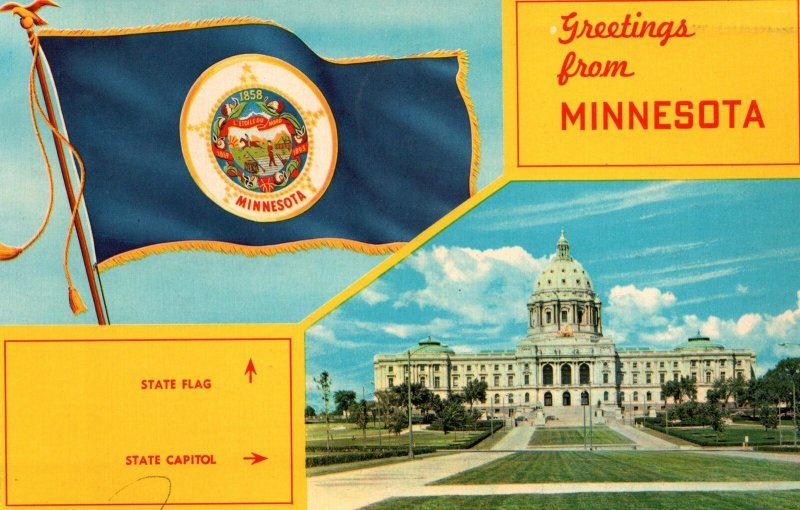 VINTAGE POSTCARD GREETINGS FROM MINNESOTA STATE FLAG AND STATE CAPITOL 1968