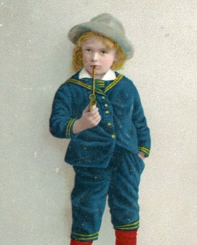 1880s Victorian Card Adorable Child Blue Suit Smoking Pipe *M