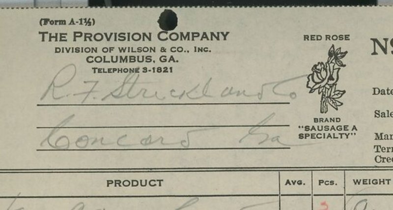 1945 la disposición empresa Columbus Georgia Rojo Rosa Salchicha tocino manteca de cerdo Factura 320 