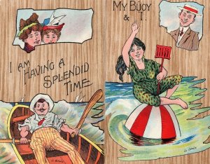 Splendid Time On Boat Life Buoy 2x Old Comic Postcard s