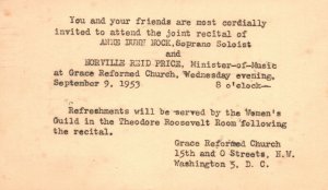 Advertising Post Card 1953 Grace Reformed Church Washington DC Minister of Music