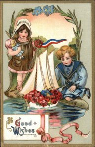 Children Float Patriotic Toy Sailboat Boat c1910 Vintage Postcard