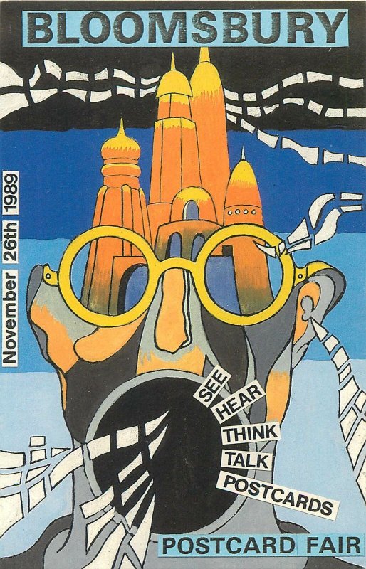 Postcard Bloomsbury postcard fair 1989 see hear think talk