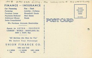 Kansas City Missouri 1948 Insurance Advertising Teich linen Postcard 21-14189