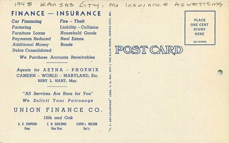 Kansas City Missouri 1948 Insurance Advertising Teich linen Postcard 21-14189