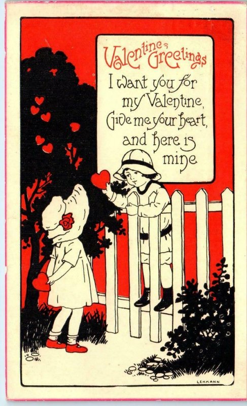 VALENTINE Greetings   CUTE KIDS Give Me Your Heart Nice Graphics 1915 Signed