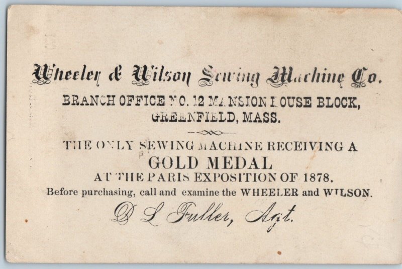 c1880s Wheeler Wilson Sewing Machine Trade Card 1878 Paris Expo Medal Fuller C54