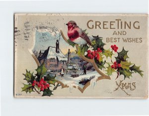 Postcard Greeting And Best Wishes with Hollies Bird Embossed Art Print