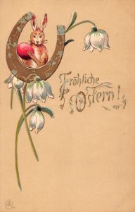 Easter Humanized Rabbit Egg Lily of the Valley Horseshoe embossed postcard C318