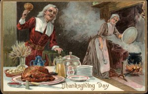 Thanksgiving Turkey Dinner Pilgrims Gilt Embossed Tuck c1910s Postcard