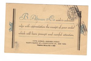 B Altman Madison Ave, New York City 1931 Postal Stationery Postcard, Jefferson