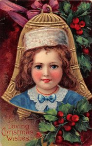 H45/ Merry Christmas Holiday Postcard c1910 Child Bell Gold Cute! 42