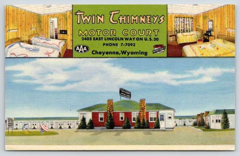 Cheyenne WY~Twin Chimneys Motor Court~US 30~Inside Out~Bedspreads~1950 Linen 