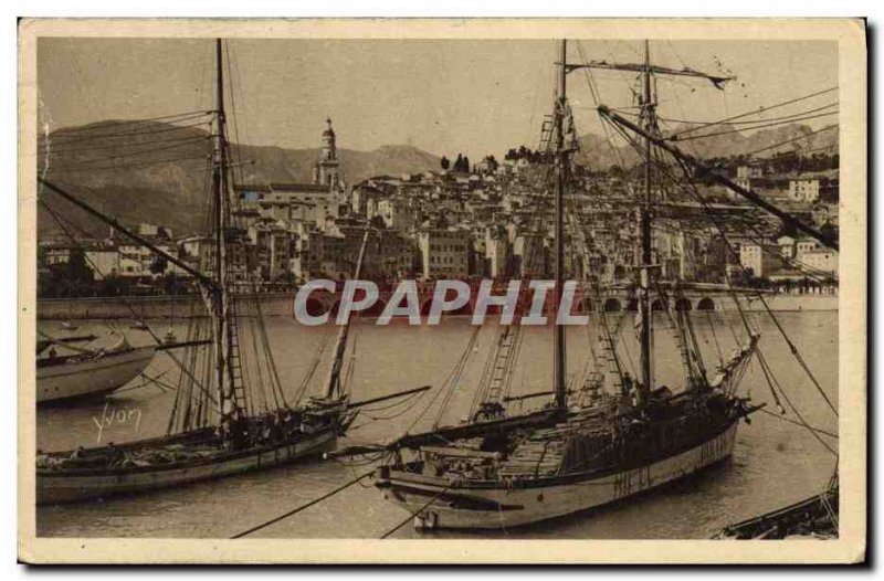 Old Postcard Boat Fishing Menton harbor and old town