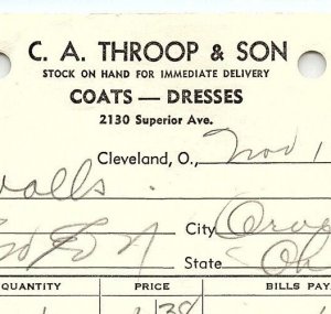 1938 C.A. THROOP & SON COATS-DRESSES CLEVELAND OHIO BILLHEAD STATEMENT Z3443