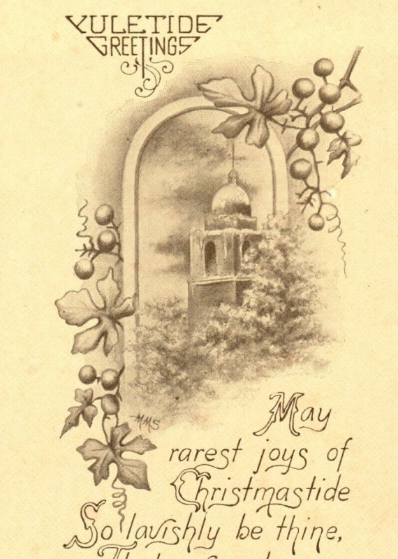 C. 1910 Christmas Christmastide Yuletide Church Berries Vintage Postcard P98