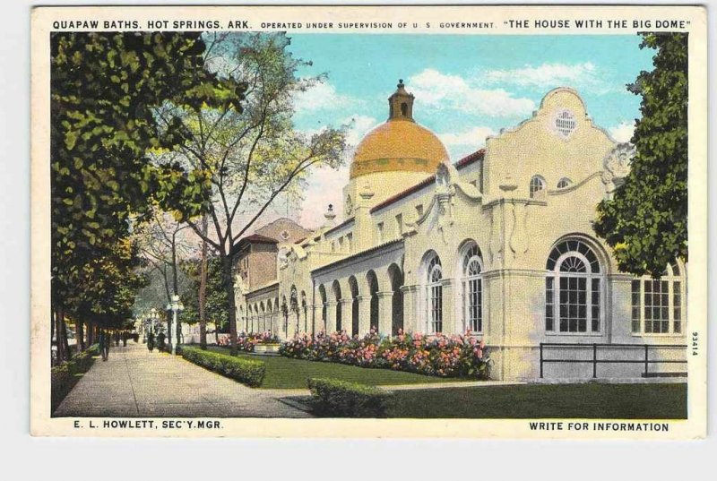 PPC POSTCARD ARKANSAS HOT SPRINGS QUAPAW BATHS THE HOUSE WITH THE BIG DOME E.L. 