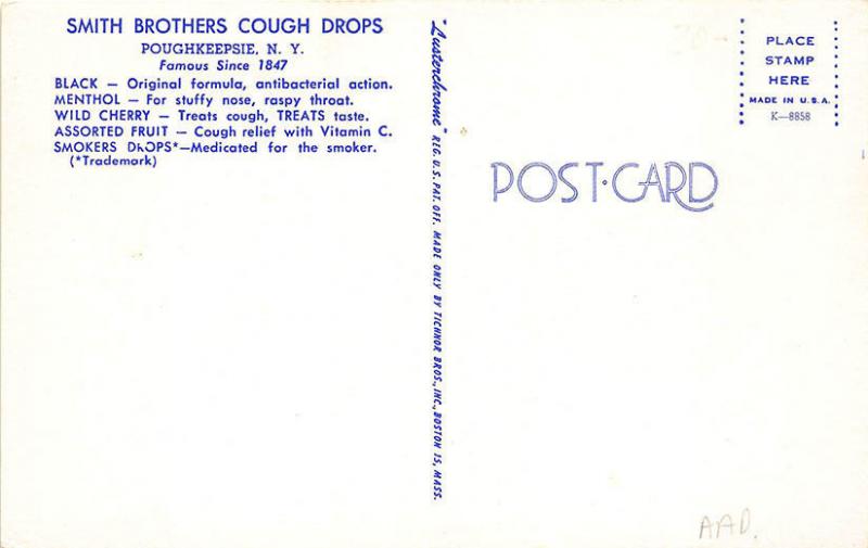 Poughkeepsie NY Smith Brothers 10 cents Cough Drops Postcard