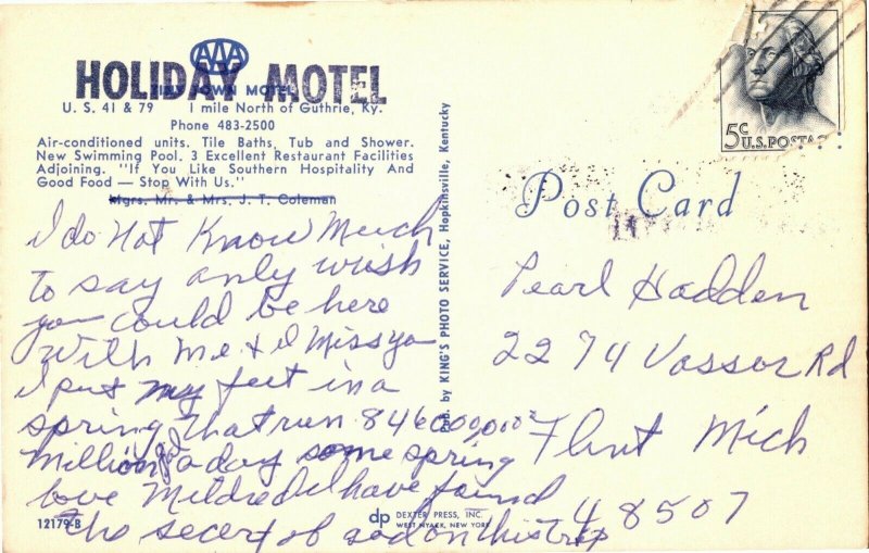 Tiny Town Motel, Holiday Motel Guthrie KY Vintage Postcard R37