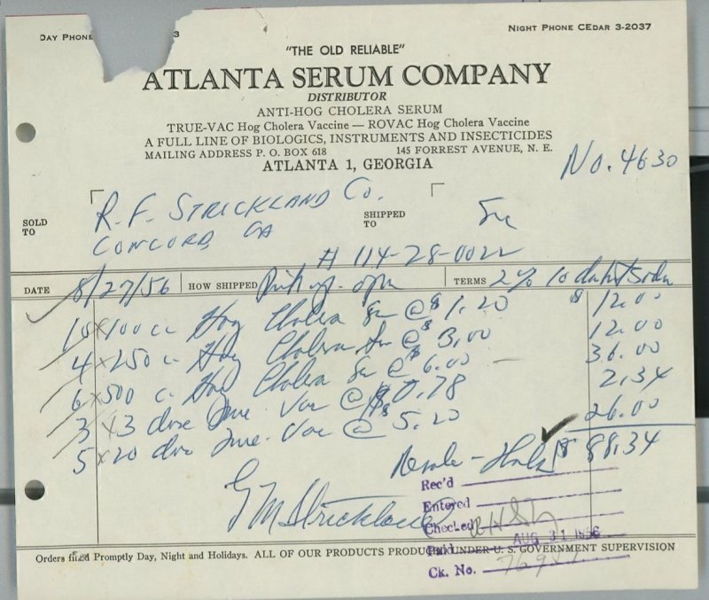 1953 Atlanta Serum Company Atlanta GA Hog Cholera Vaccine Invoice 13-85