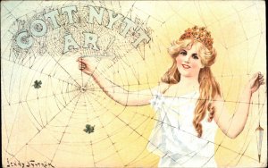 New Year Spider Web Fantasy Beautiful Woman Jenny Nystrom c1910 Postcard