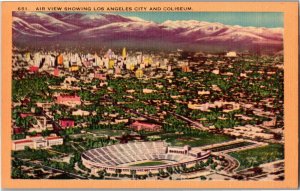 Aerial View of Los Angeles CA and Coliseum Vintage Linen Postcard X03