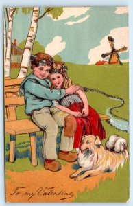 TO MY VALENTINE ~ Embossed CUTE KIDS w/DOG Bench  1907 PFB Postcard