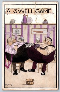 Two Fat Men Playing Cards, A Swell Game, Antique 1913 Postcard, Flag Cancel