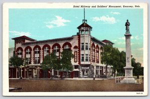 Hotel Midway And Soldier's Monument Kearney Nebraska Trees & Building Postcard